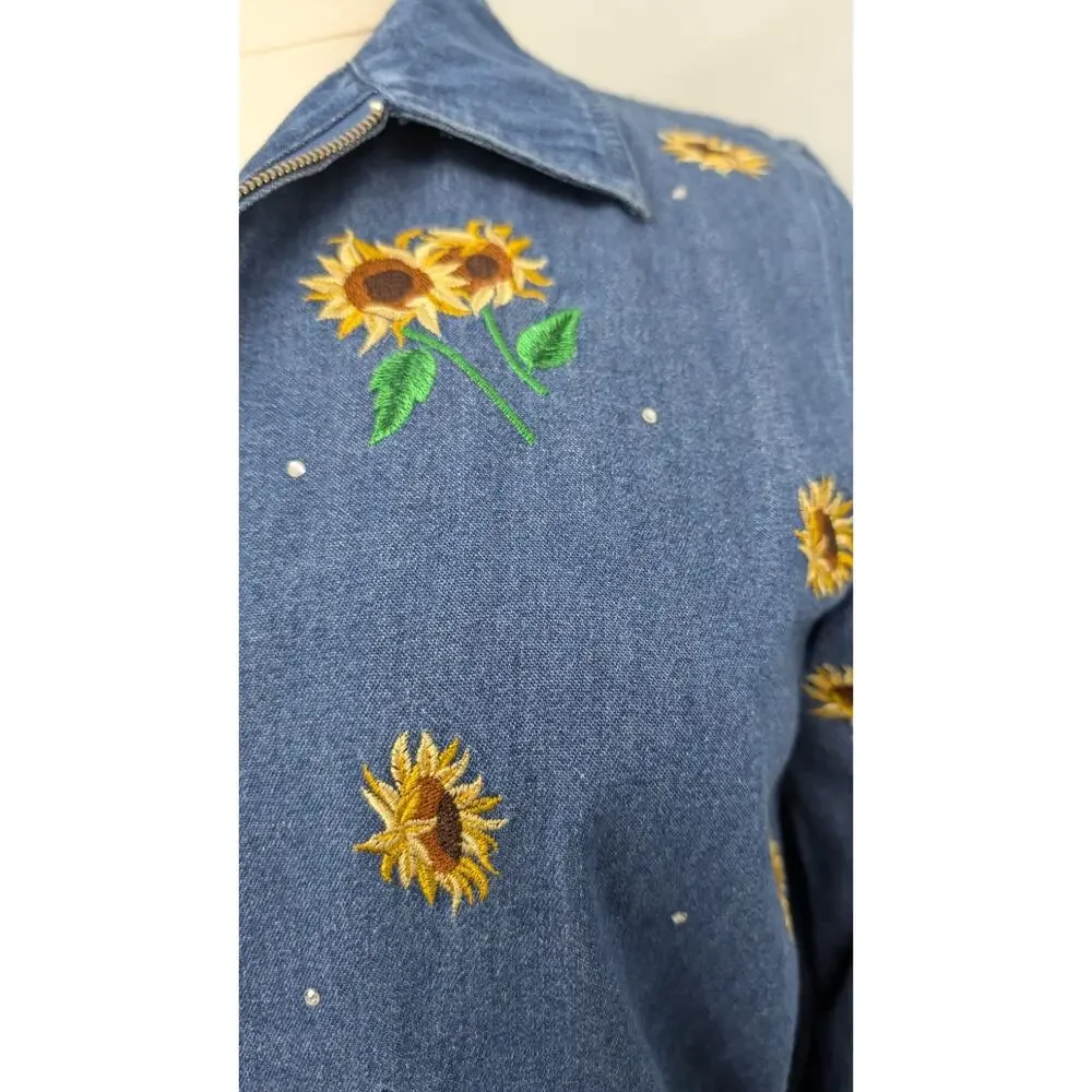Quaker Factory Denim Jacket Embroidered Sunflowers And Bees Medium - Picture 3 of 12